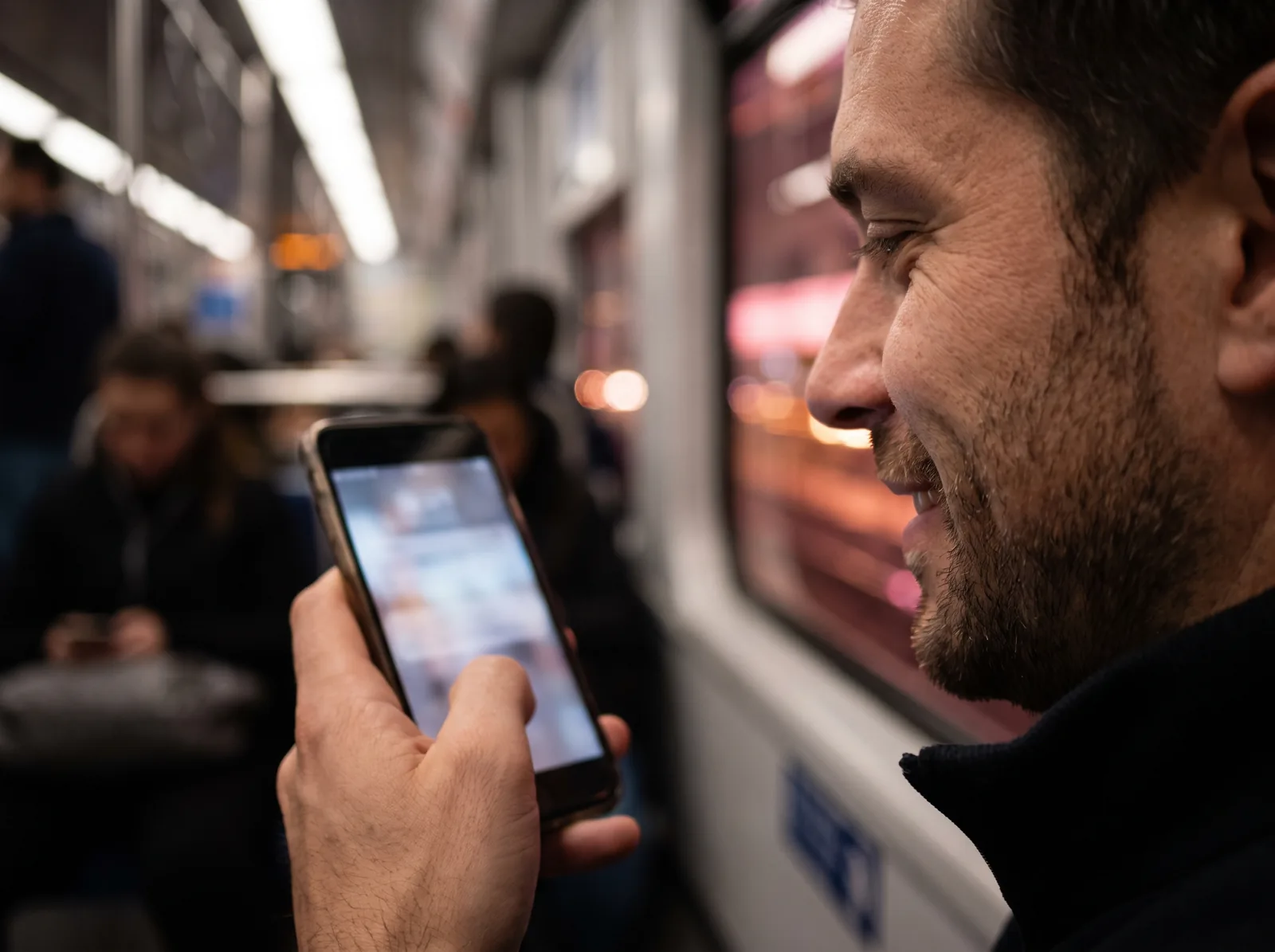 A man on a night train smiling at a message on his phone