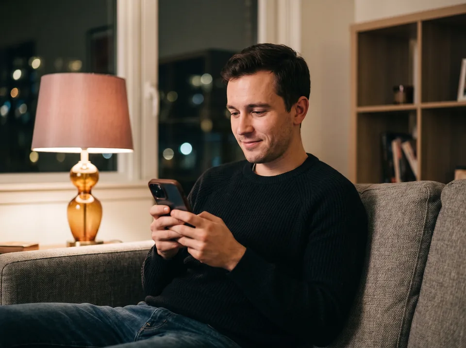 A man on a sofa at night checking a companion app subscription on his phone