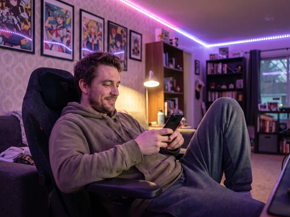 A man texting a companion app on his phone in his room in the evening