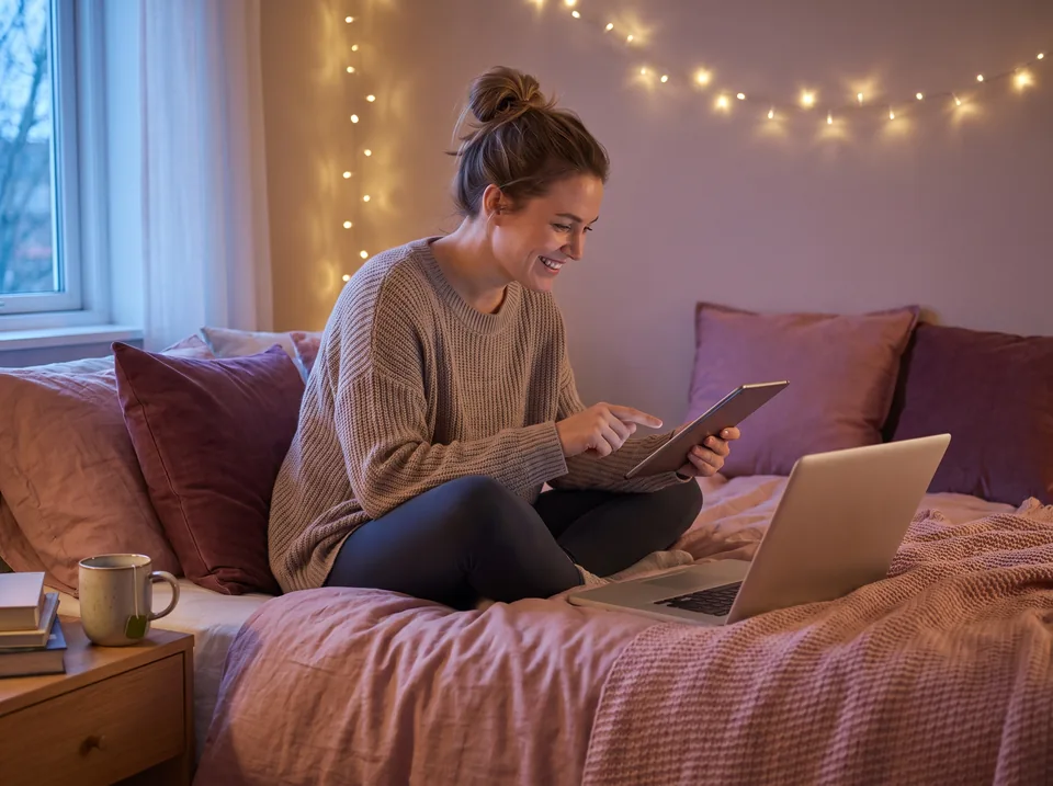 A woman on her bed at dusk comparing AI girlfriend apps on a laptop