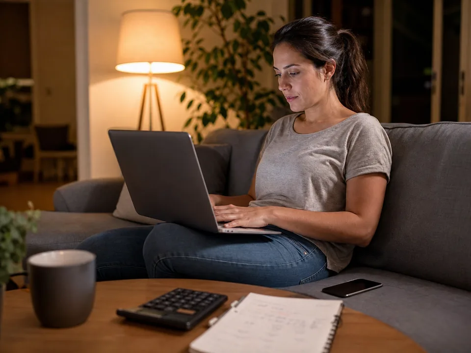 A woman on her sofa in the evening comparing two chat subscriptions on a laptop with a notebook of sums