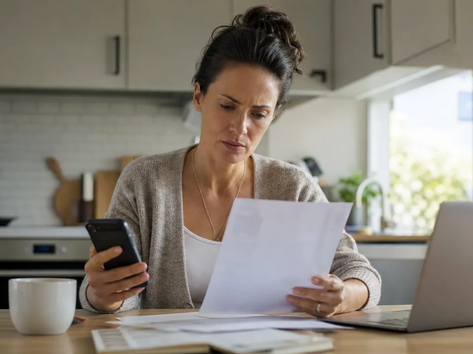 A woman at her kitchen counter checking what a subscription will renew at on her phone before paying