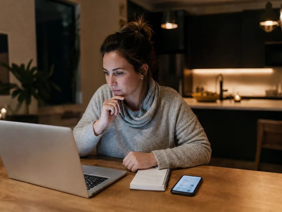 A woman at her kitchen table at night comparing two app subscriptions on a laptop and a phone with a notepad of sums