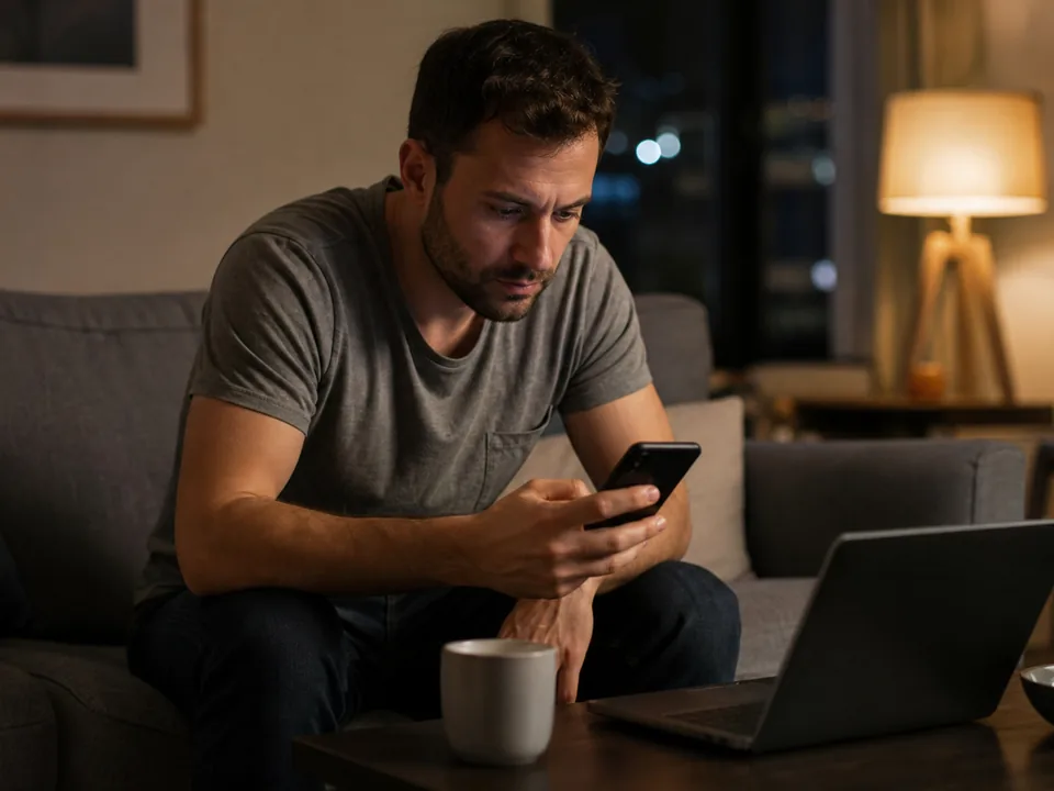 A man on a couch at night checking a chat app subscription on his phone before paying