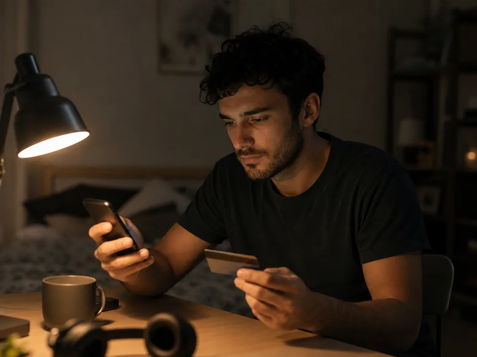 A man at his desk in the evening holding his phone and a card, about to pay for an app subscription