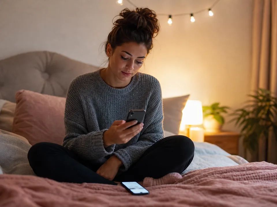 A woman on her bed in the evening comparing two chat apps on two phones