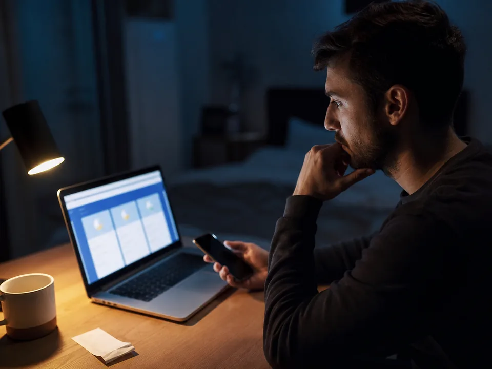 A man at his desk at night weighing a monthly chat subscription on his laptop with his phone in hand